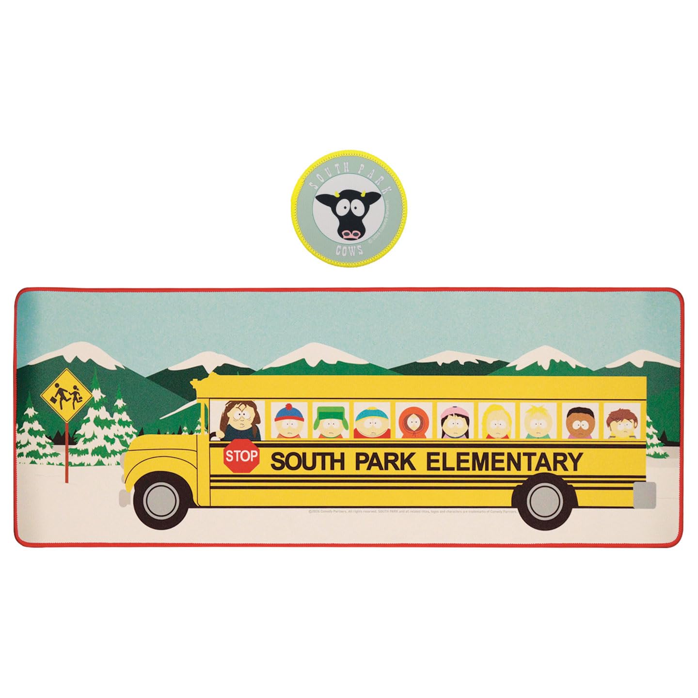 South Park Elementary School Bus Scrivania Pad & Coaster Set - Tappetino da gioco e lavoro antiscivolo ufficiale con bordi rinforzati, 800 × 300 mm + sottobicchiere 100 mm