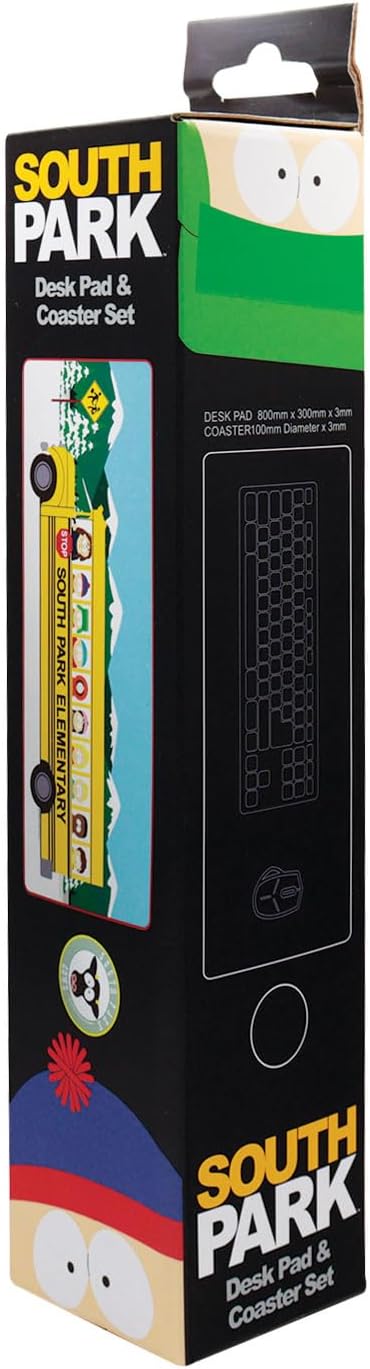 South Park Elementary School Bus Scrivania Pad & Coaster Set - Tappetino da gioco e lavoro antiscivolo ufficiale con bordi rinforzati, 800 × 300 mm + sottobicchiere 100 mm