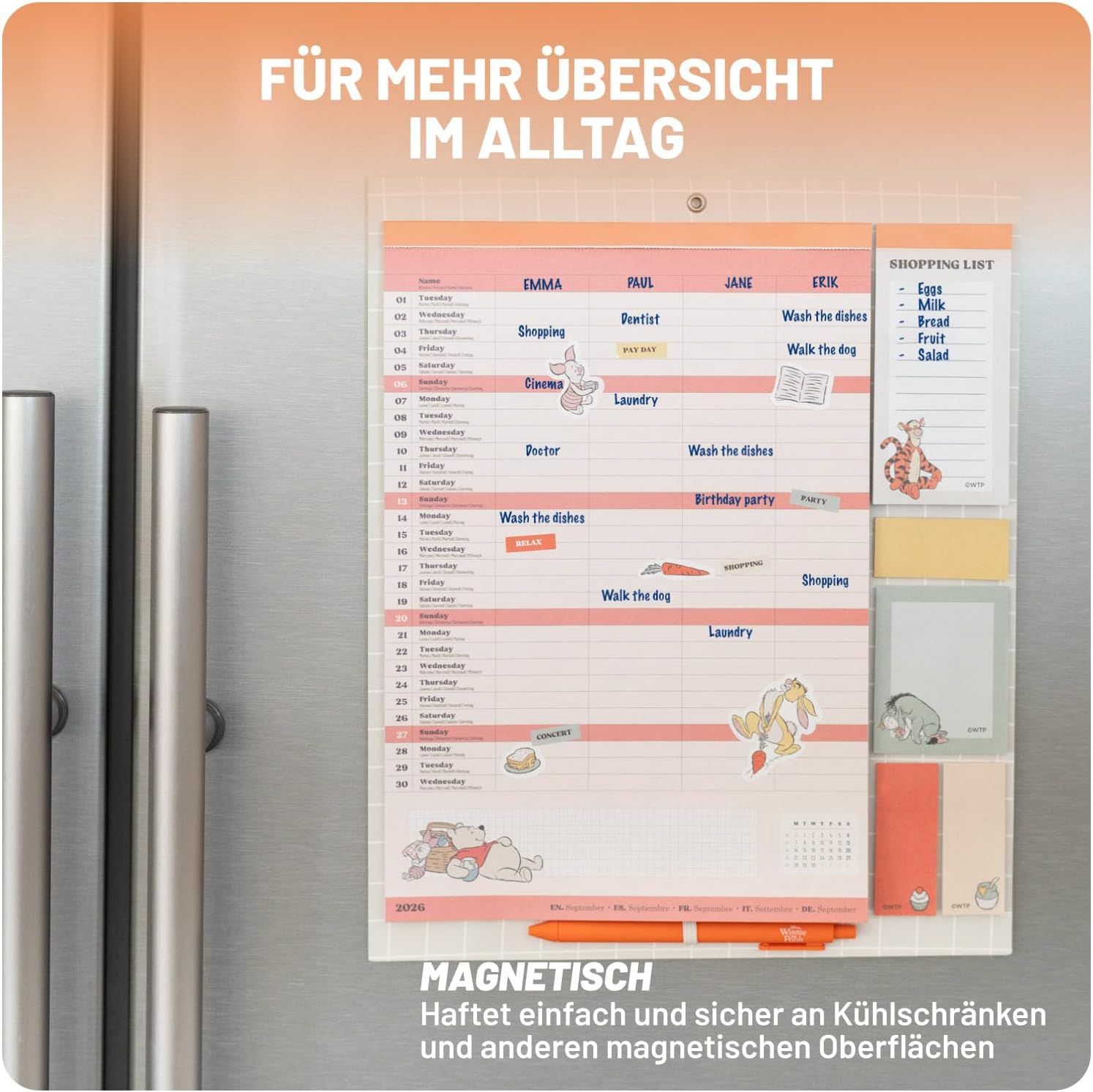 Grupo Erik Calendario Famiglia 2027 Winnie the Pooh - Calendario Magnetico Frigo con Penna, Sticky Notes, Shopping List e Stickers | Planner Mensile con Spazi per Note, Set 2026 a Dic 2027 (30 x 35cm