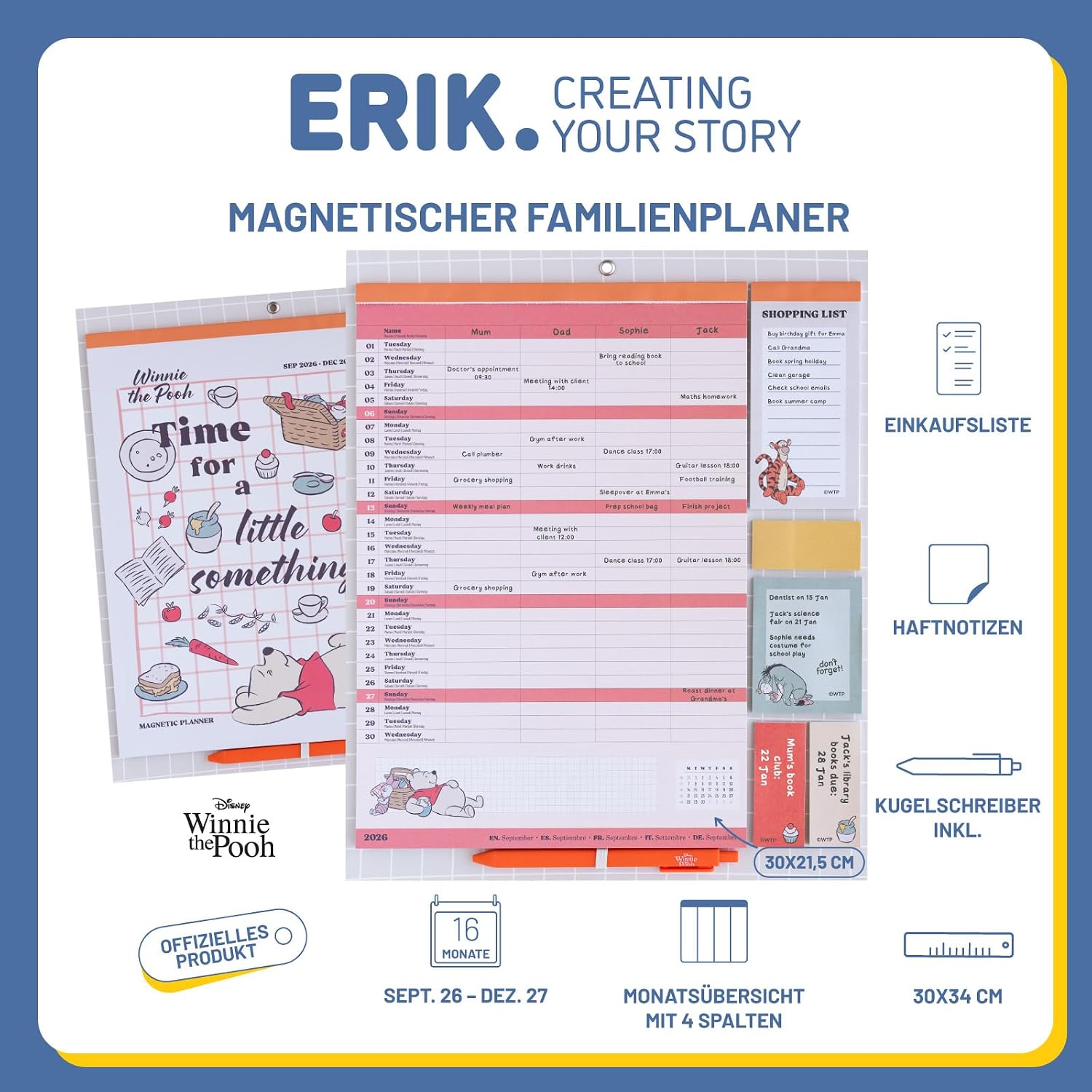 Grupo Erik Calendario Famiglia 2027 Winnie the Pooh - Calendario Magnetico Frigo con Penna, Sticky Notes, Shopping List e Stickers | Planner Mensile con Spazi per Note, Set 2026 a Dic 2027 (30 x 35cm