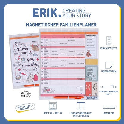 Grupo Erik Calendario Famiglia 2027 Winnie the Pooh - Calendario Magnetico Frigo con Penna, Sticky Notes, Shopping List e Stickers | Planner Mensile con Spazi per Note, Set 2026 a Dic 2027 (30 x 35cm