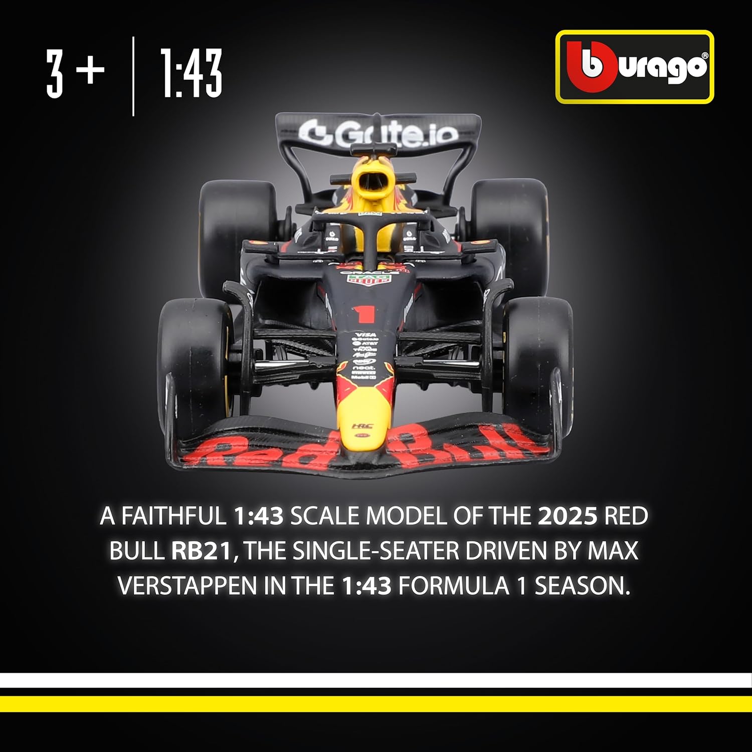 Bburago - F1 Red Bull Racing RB21 2025#1 Verstappen, 1:43 Scale Diecast Car with Authentic Details, F1 Red Bull Replica, Official Livery, Racing Licence, Recommended Age 3+ Years
