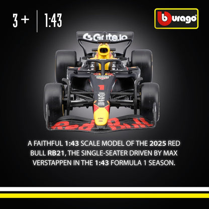 Bburago - F1 Red Bull Racing RB21 2025#1 Verstappen, 1:43 Scale Diecast Car with Authentic Details, F1 Red Bull Replica, Official Livery, Racing Licence, Recommended Age 3+ Years