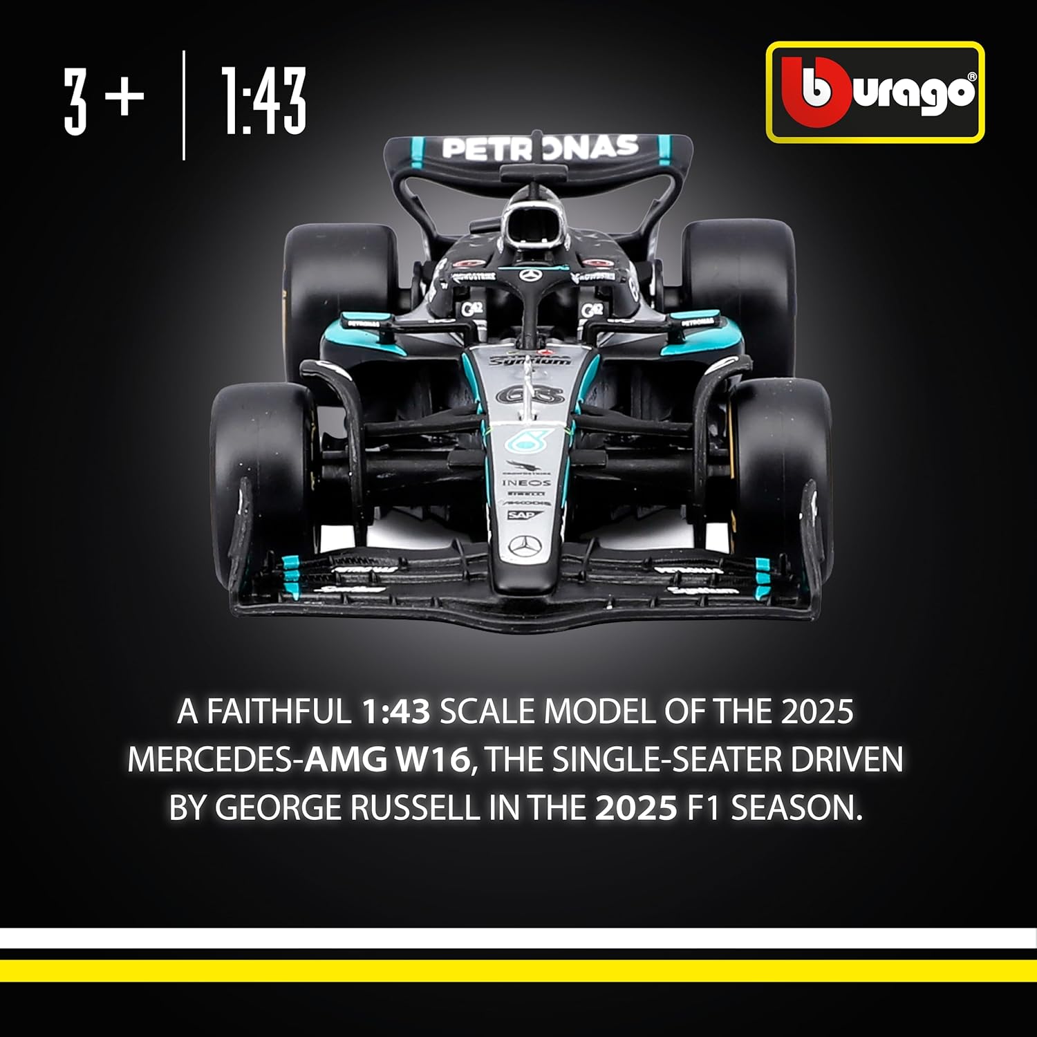 Bburago - F1 Mercedes-AMG W16 2025#63 Russell, 1:43 Scale Diecast Car with Authentic Details, F1 Mercedes Replica, Silver/Black Livery, Official Licence, Recommended Age 3+ Years