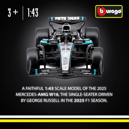 Bburago - F1 Mercedes-AMG W16 2025#63 Russell, 1:43 Scale Diecast Car with Authentic Details, F1 Mercedes Replica, Silver/Black Livery, Official Licence, Recommended Age 3+ Years