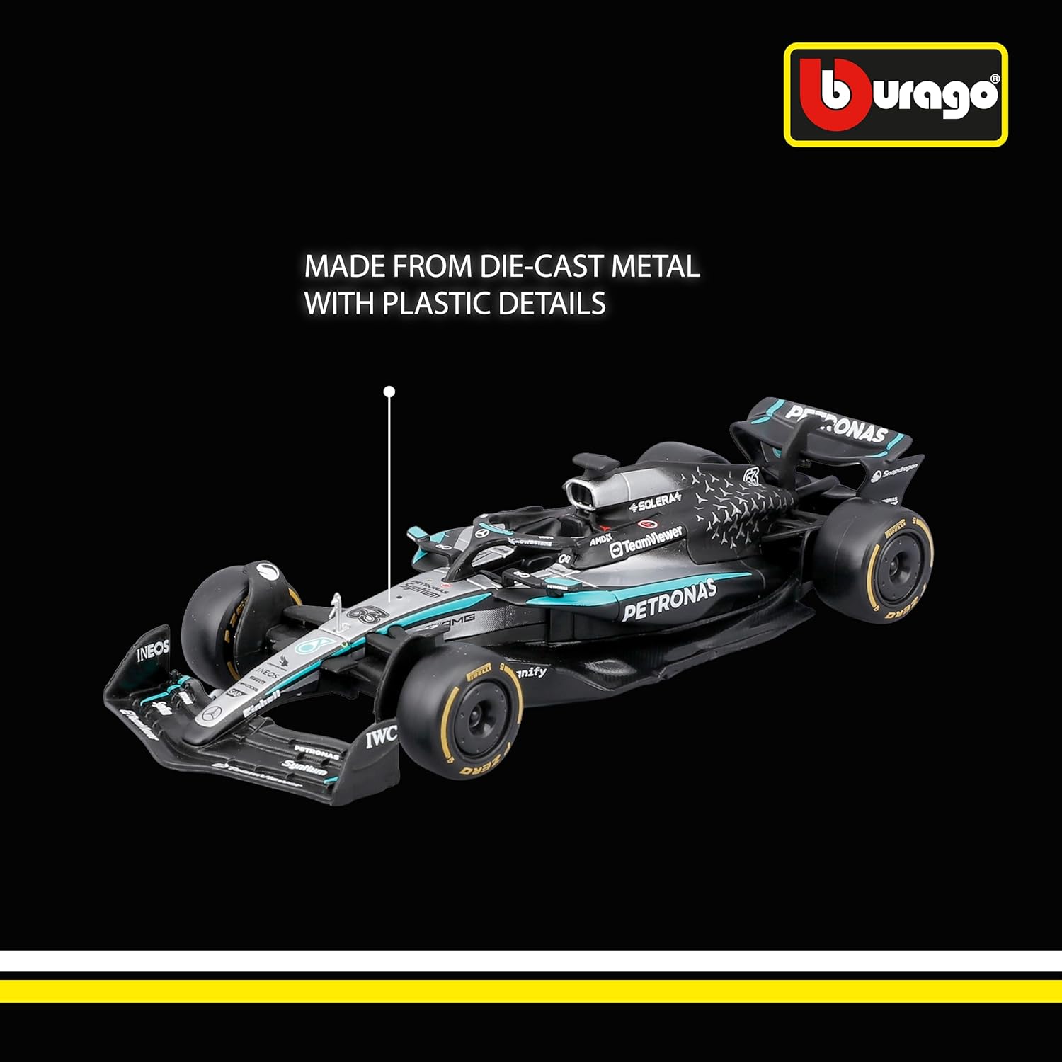 Bburago - F1 Mercedes-AMG W16 2025#63 Russell, 1:43 Scale Diecast Car with Authentic Details, F1 Mercedes Replica, Silver/Black Livery, Official Licence, Recommended Age 3+ Years