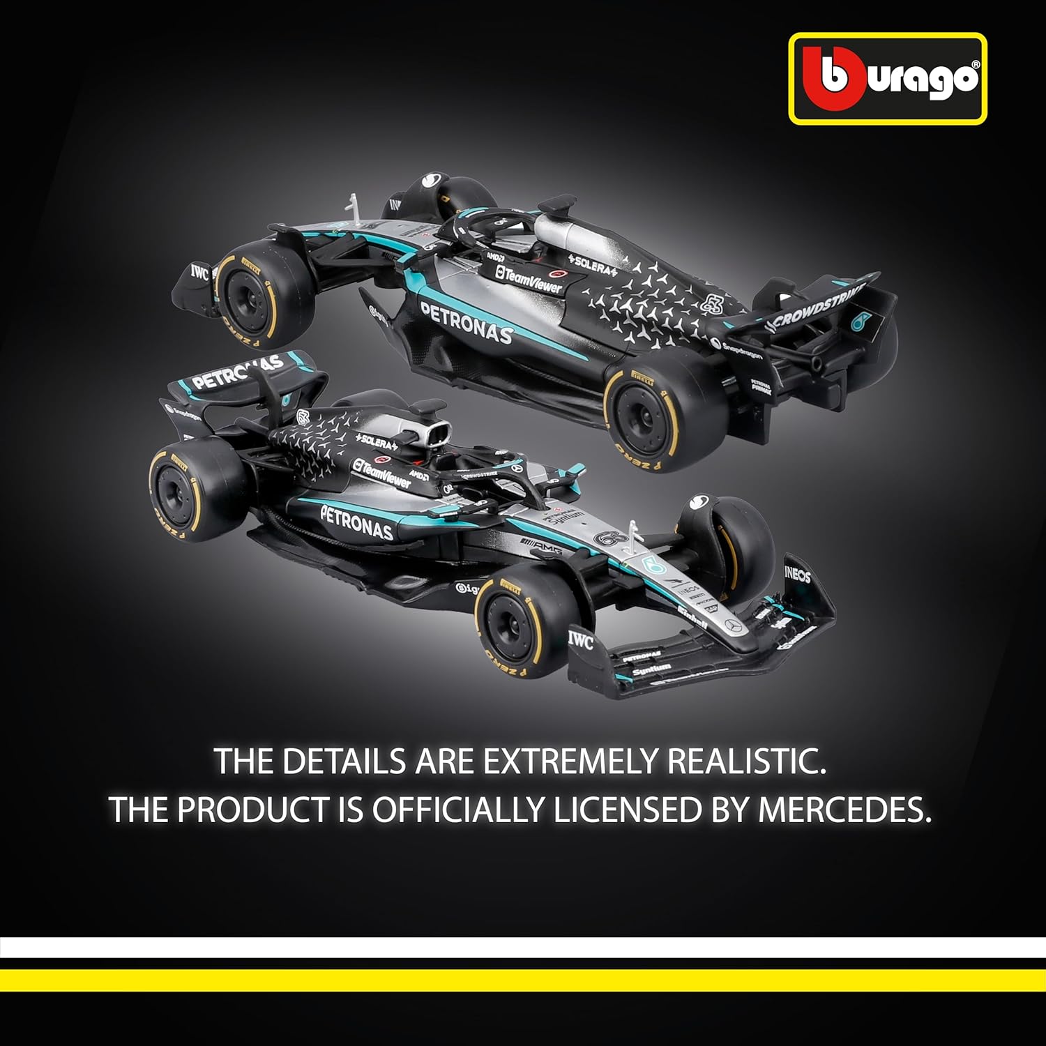 Bburago - F1 Mercedes-AMG W16 2025#63 Russell, 1:43 Scale Diecast Car with Authentic Details, F1 Mercedes Replica, Silver/Black Livery, Official Licence, Recommended Age 3+ Years