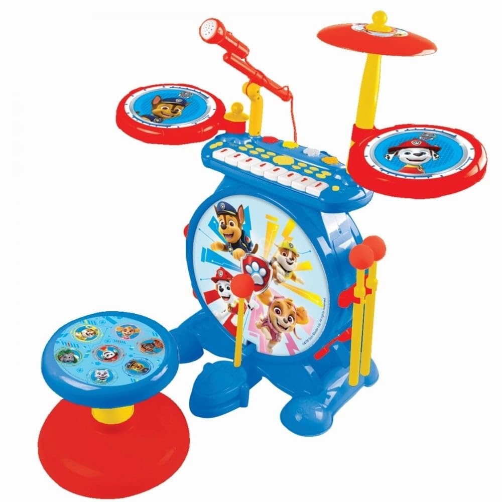 Lexibook, La Pat'Patrouille, Batterie Électronique pour Enfant, Jeu Musical, Jouet Mixte, Vrai Son de Batterie, Clavier 8 Notes, Prise pour MP3, siège Inclus, Bleu/Rouge, K610PA