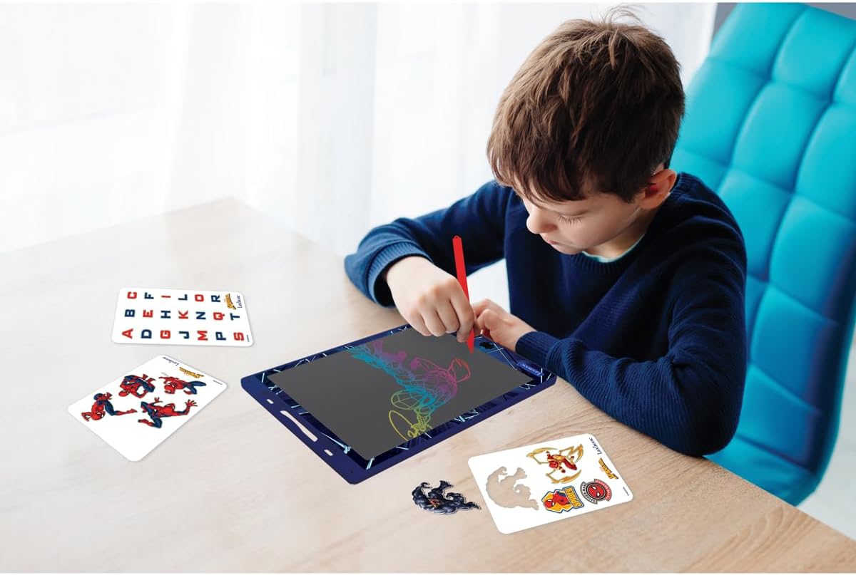 LEXIBOOK, Spider-Man, Magic Slate, Artistic and creative toy for girls and boys, Multicoloured drawings, 28 cm screen, Includes 1 stylus and 6 stencils, Blue, CRT10SP
