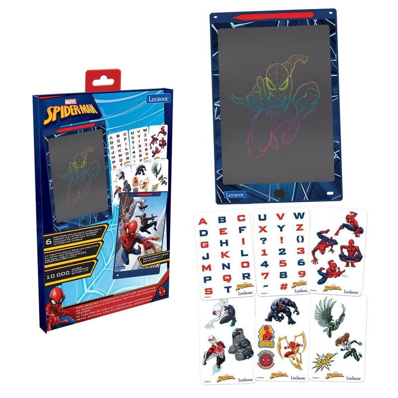 LEXIBOOK, Spider-Man, Magic Slate, Artistic and creative toy for girls and boys, Multicoloured drawings, 28 cm screen, Includes 1 stylus and 6 stencils, Blue, CRT10SP
