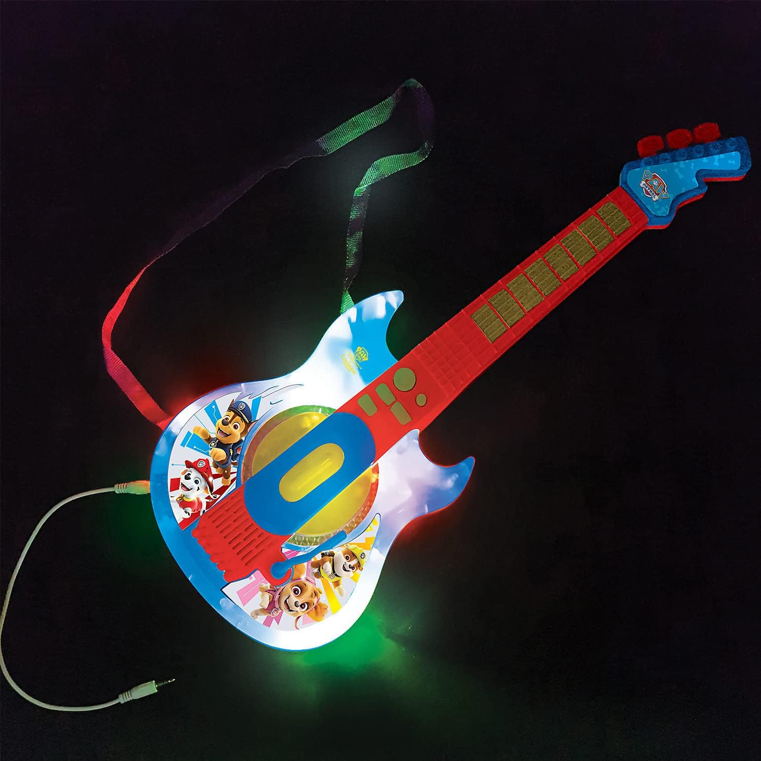 Lexibook, La Pat'Patrouille, Guitare électronique lumineuse avec micro, lunettes avec microphone, mélodies, 2 modes de jeu, prise pour MP3, bleu/rouge, K260PA