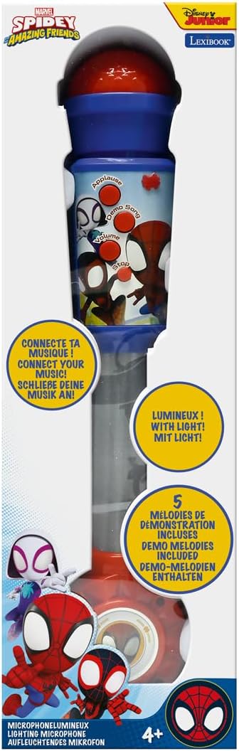 LEXIBOOK, Spider-Man Microphone with Light Tube, Speaker, Melodies, and Sound Effects, MIC90SP