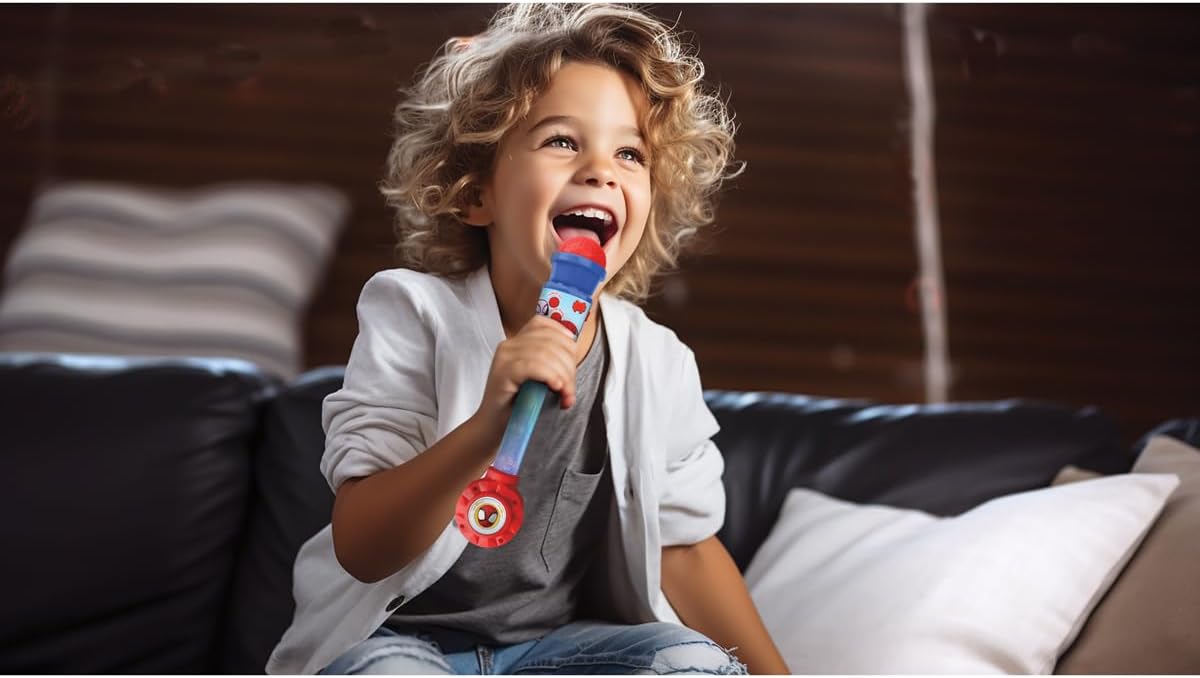 LEXIBOOK, Spider-Man Microphone with Light Tube, Speaker, Melodies, and Sound Effects, MIC90SP