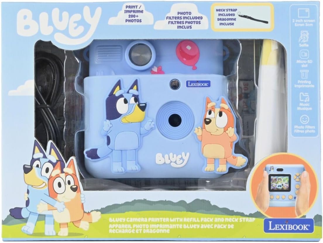 Lexibook, Starcam® Print, Kameraset mit Sofortdrucker, SD-Karte, 4 Papierrollen, Handschlaufe, 3D Bluey-Schutz und Personalisierungsset enthalten, Blau, DJ130BYZ