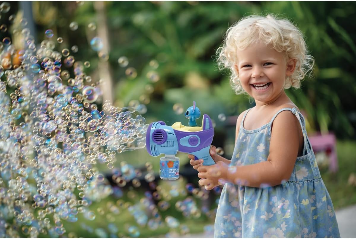 LEXIBOOK, Stitch, Electronic Bubble Launcher, Light and Sound Effects, Continuous Bubble Spray, Easy Grip, LED Lights, Includes 100 ml Solution, Blue, PRB30D