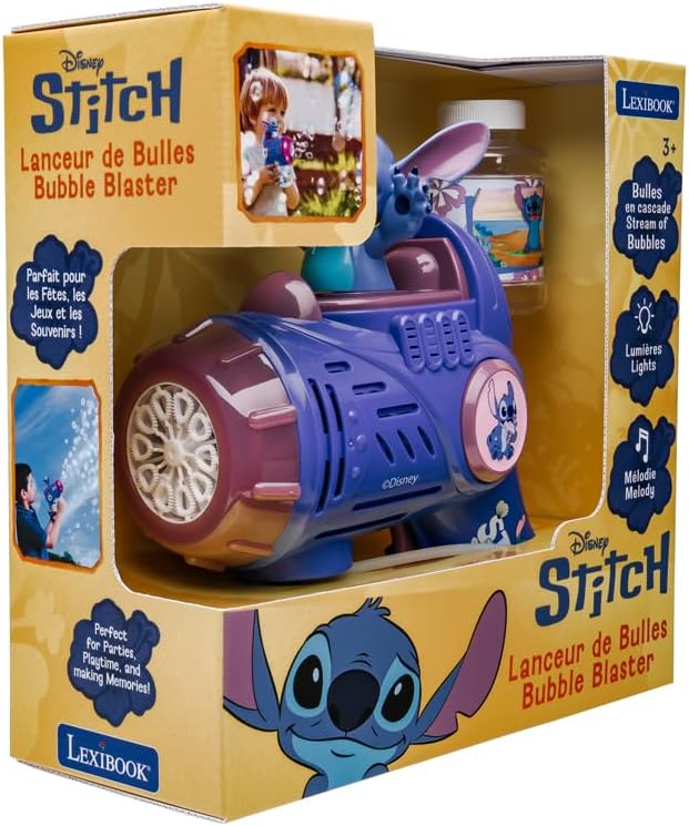 LEXIBOOK, Stitch, Electronic Bubble Launcher, Light and Sound Effects, Continuous Bubble Spray, Easy Grip, LED Lights, Includes 100 ml Solution, Blue, PRB30D