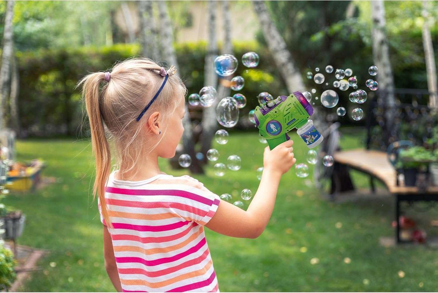 LEXIBOOK, Electronic Bubble Launcher Disney Toy Story, 3D Character Figure, Light and Sound Effects, 100ml Bubble Solution Included, Green/Purple, PRB30TS