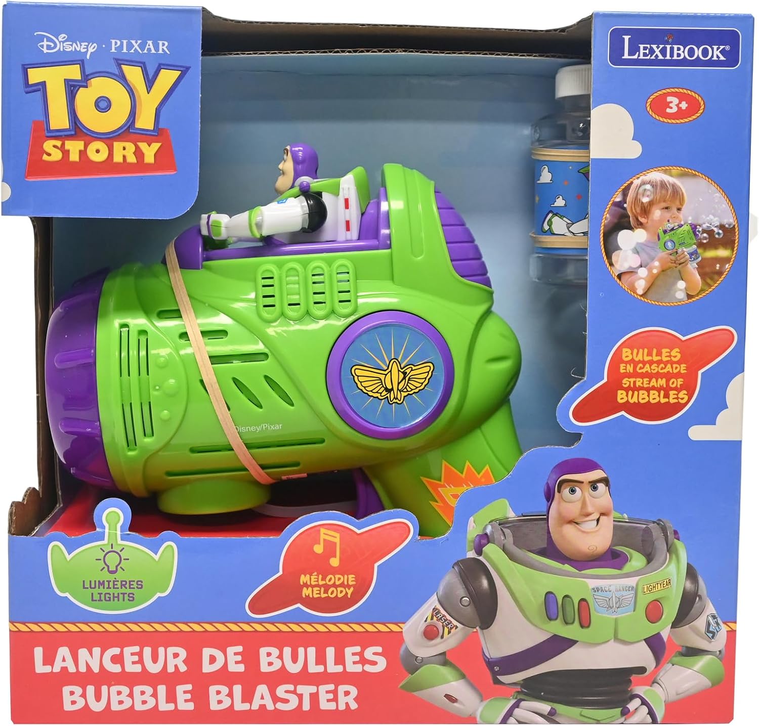 LEXIBOOK, Electronic Bubble Launcher Disney Toy Story, 3D Character Figure, Light and Sound Effects, 100ml Bubble Solution Included, Green/Purple, PRB30TS