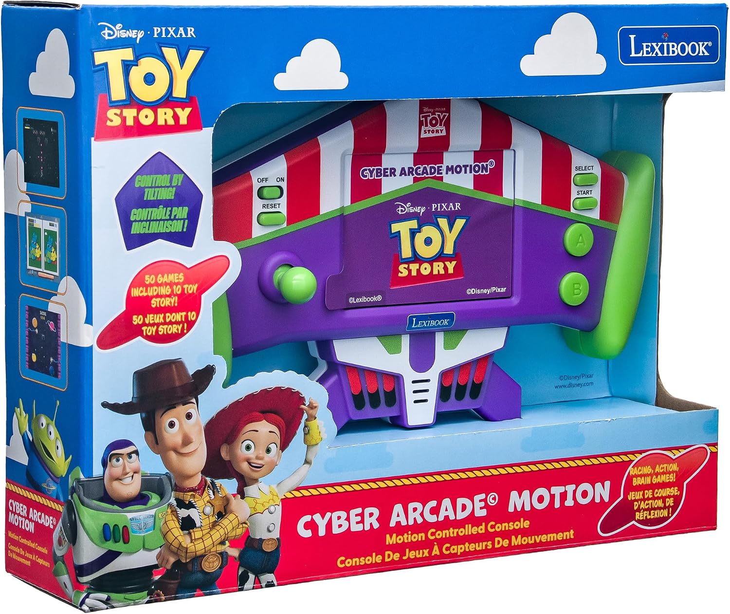 Lexibook, Disney Toy Story, Cyber Arcade Motion® Handheld Console, 50 Games Including 10 Toy Story, Gesture Control, 2.8’’ Color LCD Screen, Adjustable Sound & Brightness, Purple & Green, JL3180TS