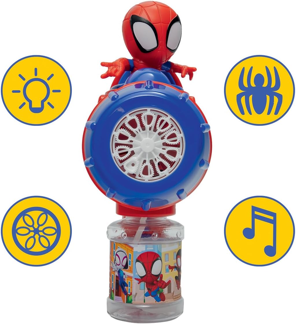 LEXIBOOK, Marvel Spidey & His Amazing Friends Electronic Bubble Launcher, 3D Spidey Figurine, Light and Sound Effects from the Cartoon, 100 ml Bubble Solution Included, Blue/Red, PRB30SP