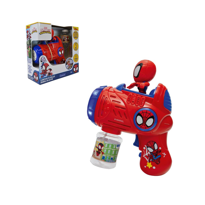LEXIBOOK, Marvel Spidey & His Amazing Friends Electronic Bubble Launcher, 3D Spidey Figurine, Light and Sound Effects from the Cartoon, 100 ml Bubble Solution Included, Blue/Red, PRB30SP