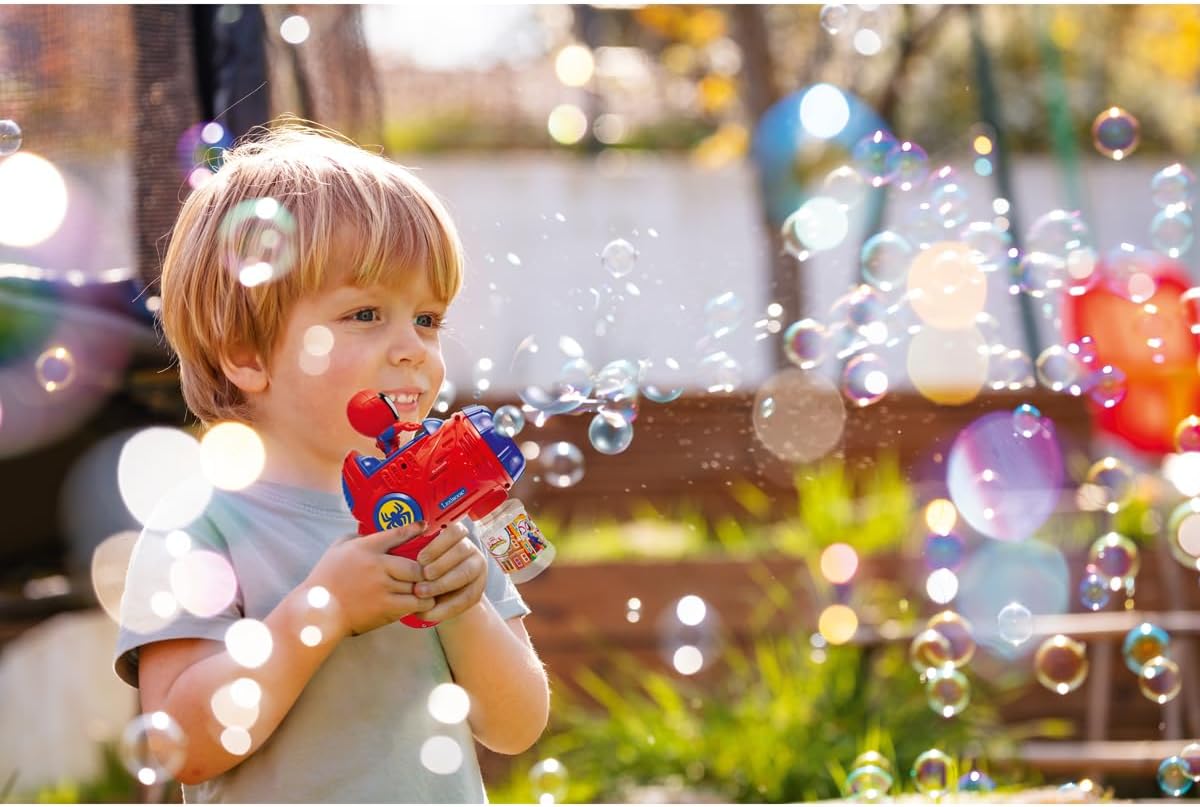 LEXIBOOK, Marvel Spidey & His Amazing Friends Electronic Bubble Launcher, 3D Spidey Figurine, Light and Sound Effects from the Cartoon, 100 ml Bubble Solution Included, Blue/Red, PRB30SP