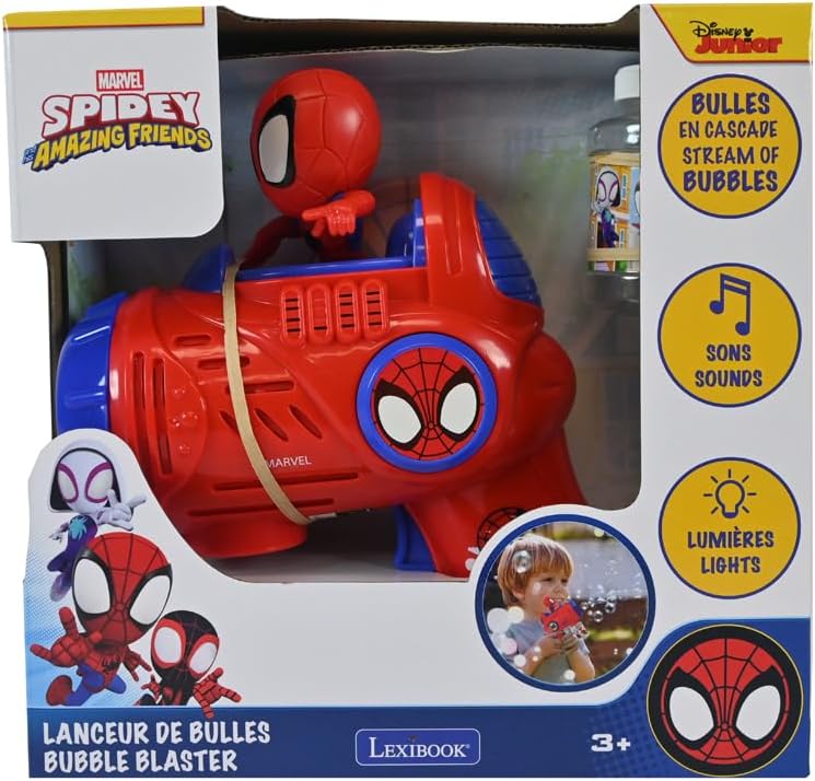 LEXIBOOK, Marvel Spidey & His Amazing Friends Electronic Bubble Launcher, 3D Spidey Figurine, Light and Sound Effects from the Cartoon, 100 ml Bubble Solution Included, Blue/Red, PRB30SP