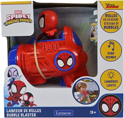 LEXIBOOK, Marvel Spidey & His Amazing Friends Electronic Bubble Launcher, 3D Spidey Figurine, Light and Sound Effects from the Cartoon, 100 ml Bubble Solution Included, Blue/Red, PRB30SP