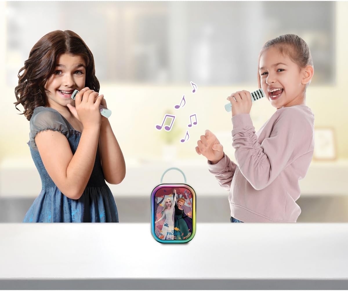 LEXIBOOK, Disney Frozen, Bluetooth Karaoke Machine with 2 Wireless Microphones, Built‑In Rechargeable Battery, Bluetooth Connectivity, Portable Design, Light purple/Light green, BTC030FZ