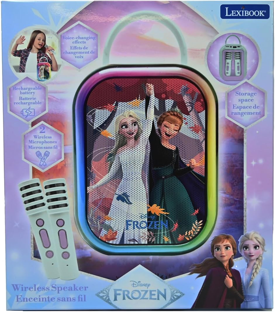 LEXIBOOK, Disney Frozen, Bluetooth Karaoke Machine with 2 Wireless Microphones, Built‑In Rechargeable Battery, Bluetooth Connectivity, Portable Design, Light purple/Light green, BTC030FZ