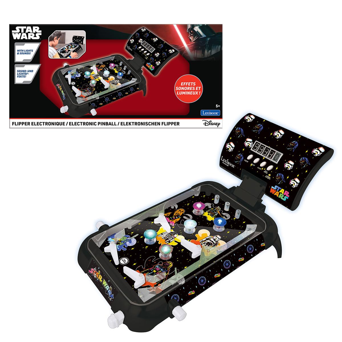 Lexibook, Star Wars, Elektronischer Tisch-Flipper, Digitale Punktanzeige mit LED-Bildschirm, Sound- & Lichteffekte, 4 Flipper, Star Wars Design, Schwarz, JG610SW