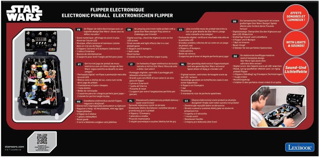 Lexibook, Star Wars, Elektronischer Tisch-Flipper, Digitale Punktanzeige mit LED-Bildschirm, Sound- & Lichteffekte, 4 Flipper, Star Wars Design, Schwarz, JG610SW