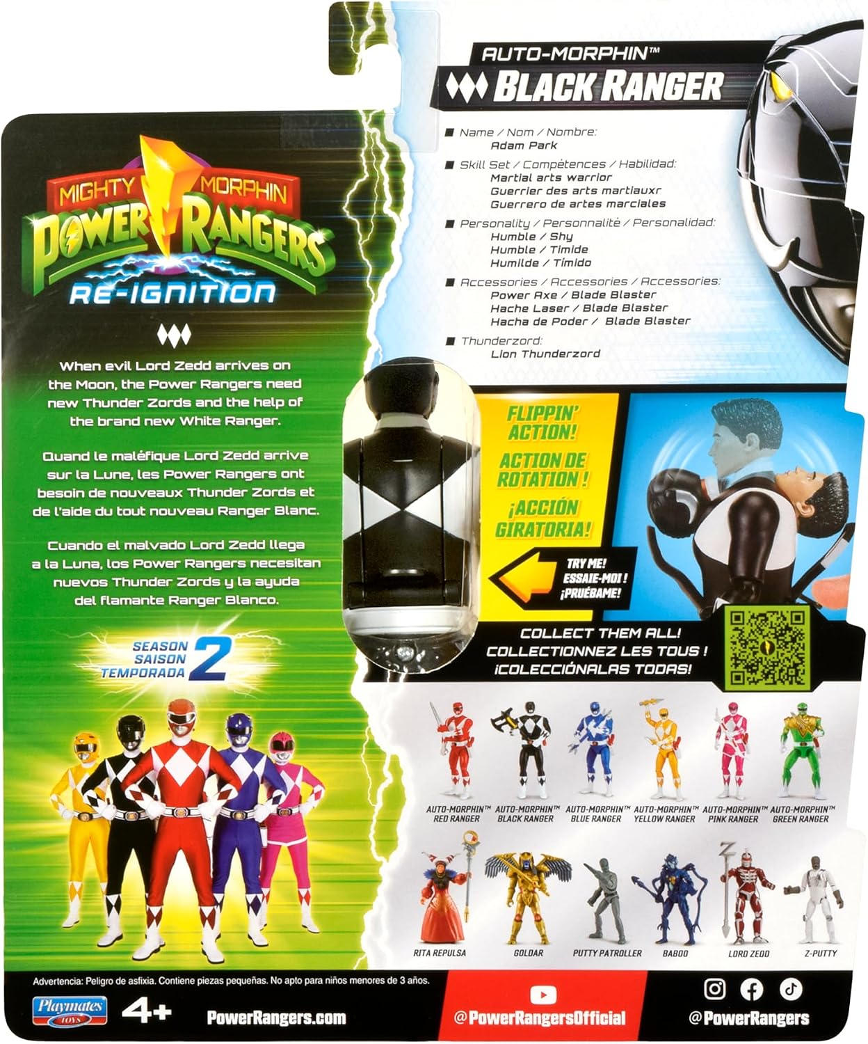 Power Rangers Adam Black Ranger Morphing Action Figure – Mighty Morphin Toy with Transform Feature, Power Axe & Lion Thunderzord Theme
