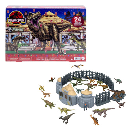 Mattel Jurassic World - Calendario dell'Avvento 2026, 24 giorni di sorprese a tema Visitatori dell'isola di Jurassic Park, include mini dinosauri, personaggio e accessori, 4+ anni, JLD23