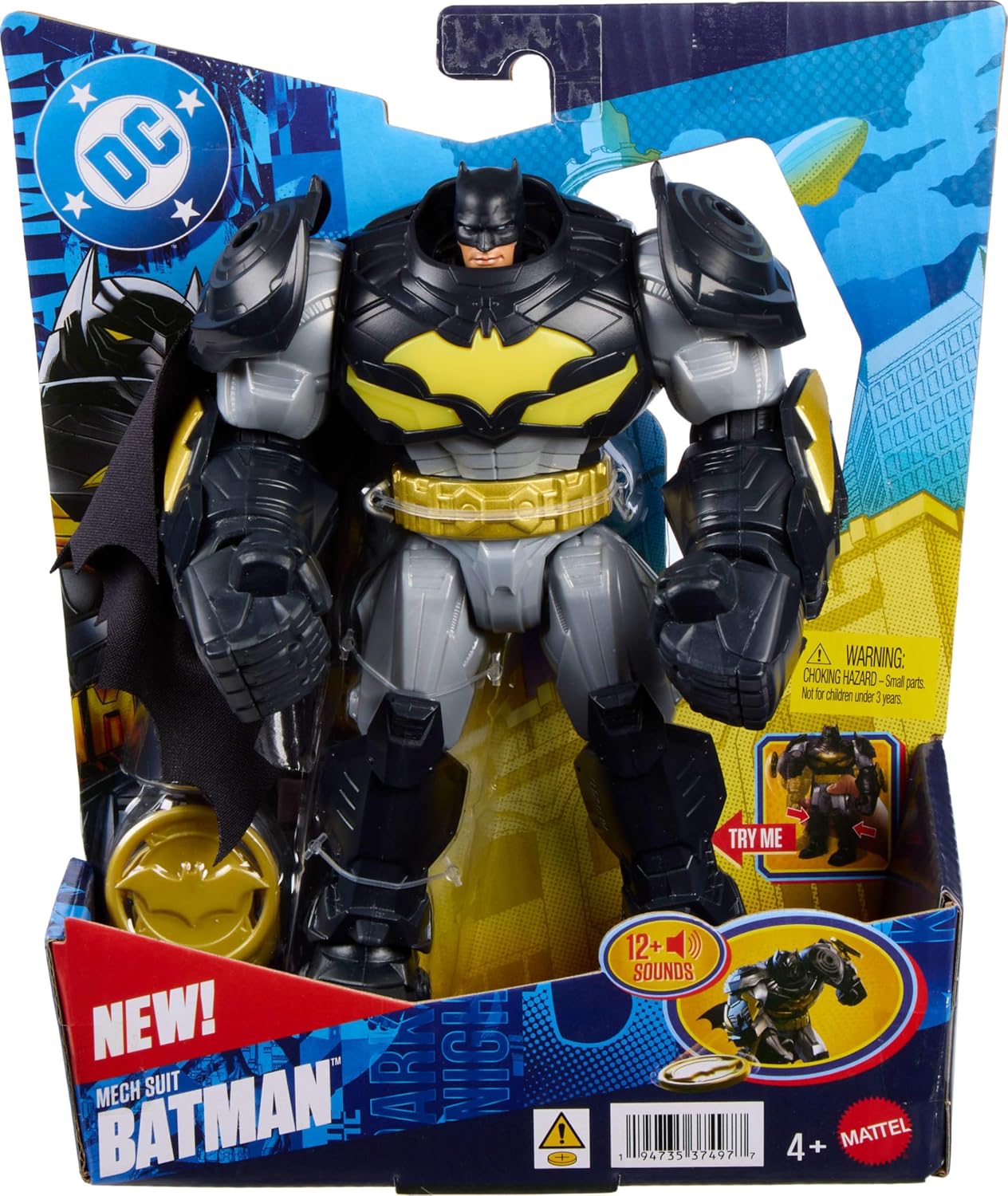 Mattel DC Premier - Batman, action figure con luci e 8 suoni diversi, indossa un'armatura da robot oversize con accessori tra cui lanciaproiettili e dischi da battaglia, JMP84
