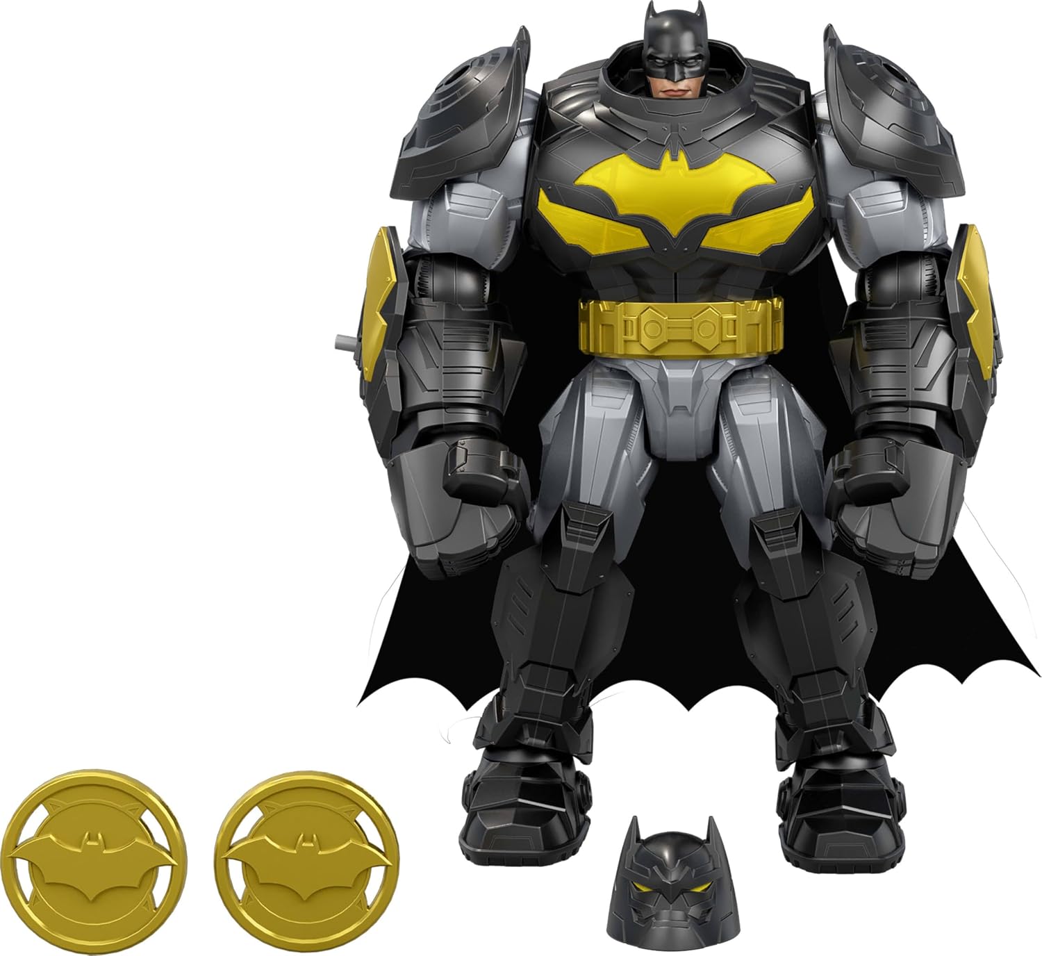 Mattel DC Premier - Batman, action figure con luci e 8 suoni diversi, indossa un'armatura da robot oversize con accessori tra cui lanciaproiettili e dischi da battaglia, JMP84