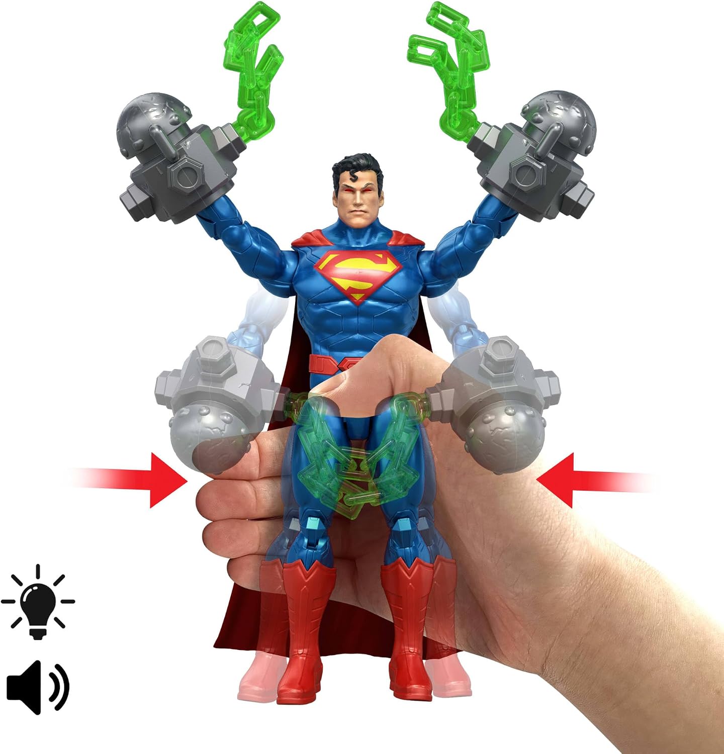 Mattel DC Premier - Superman, action figure con luci e 10 suoni diversi, vista laser, modalità volo e azione spezza-catene, con cintura e accessori inclusi, JMP85