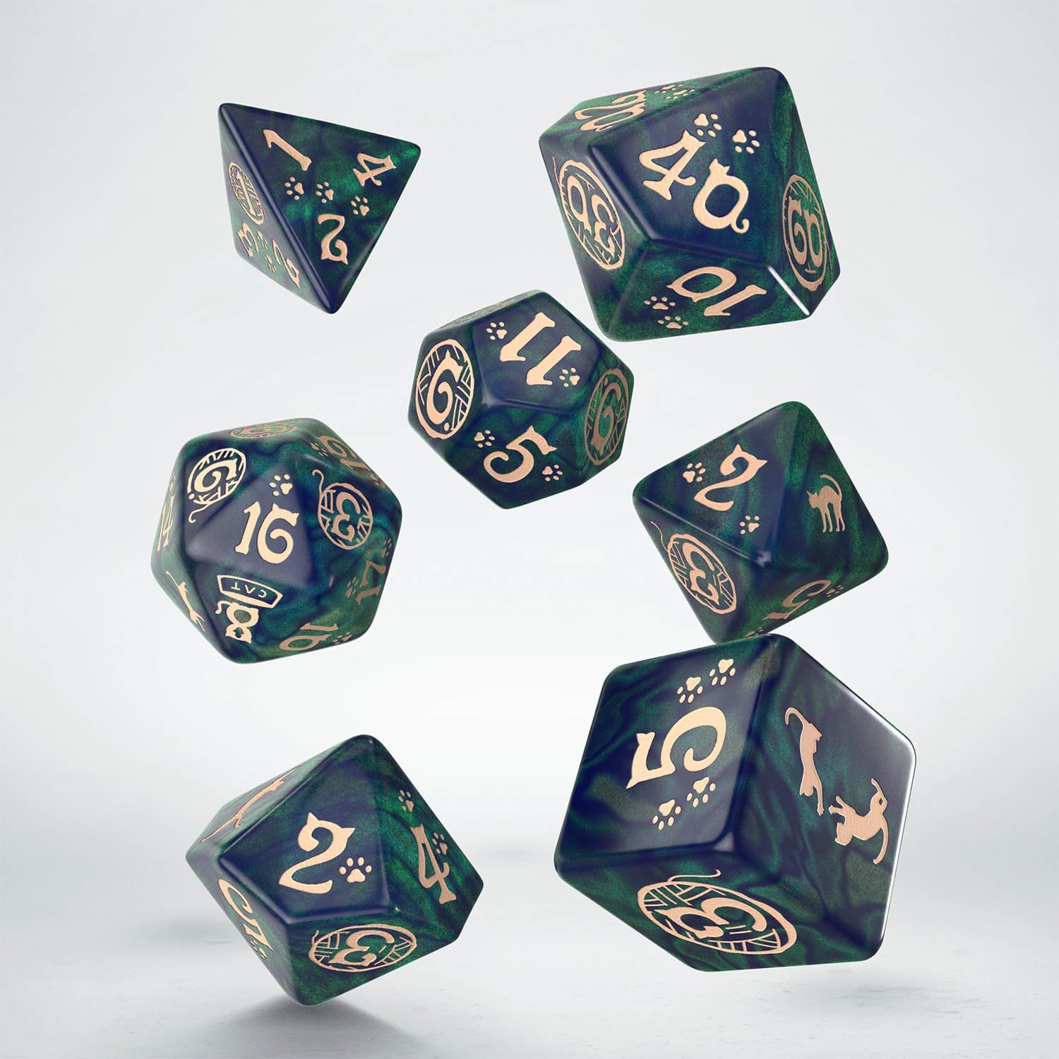 Cats Dice Set Mittens by Q-Workshop | Ages 14+ | Polyhedral RPG Dice with Cat Designs, Green Blue & Beige Tabletop Gaming Dice Set