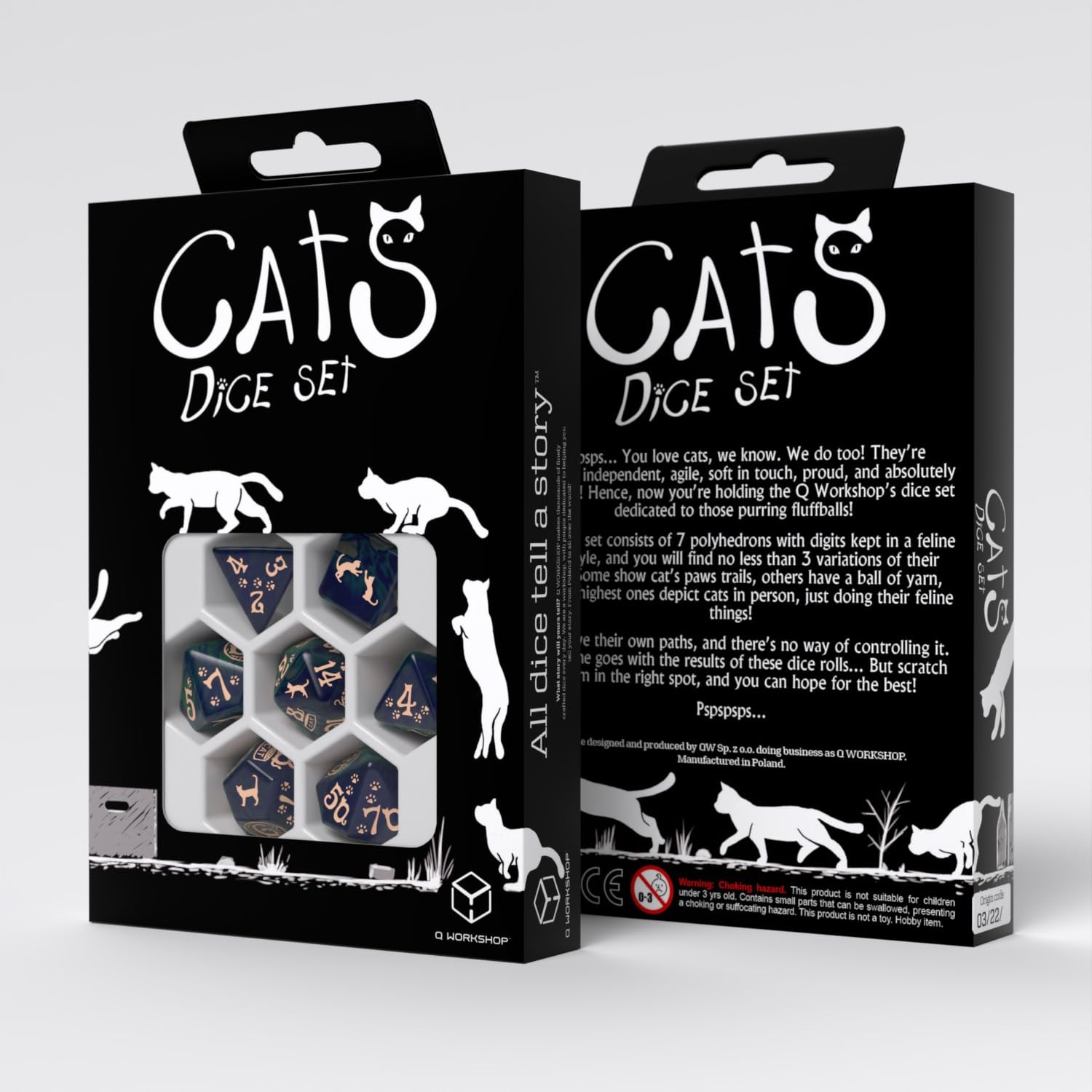 Cats Dice Set Mittens by Q-Workshop | Ages 14+ | Polyhedral RPG Dice with Cat Designs, Green Blue & Beige Tabletop Gaming Dice Set