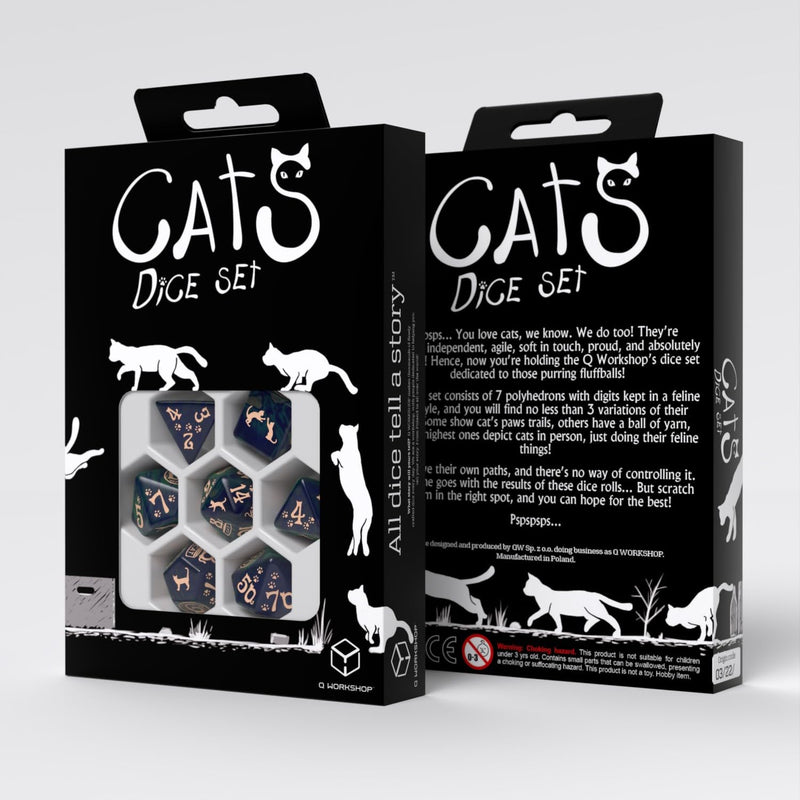 Cats Dice Set Mittens by Q-Workshop | Ages 14+ | Polyhedral RPG Dice with Cat Designs, Green Blue & Beige Tabletop Gaming Dice Set