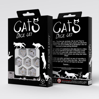 Cats Dice Set Purrl by Q-Workshop | Ages 14+ | Pearl White & Gold Polyhedral RPG Dice Set with Cat Designs for DND Pathfinder Tabletop Games
