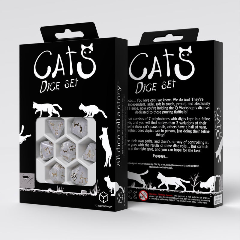Cats Dice Set Purrl by Q-Workshop | Ages 14+ | Pearl White & Gold Polyhedral RPG Dice Set with Cat Designs for DND Pathfinder Tabletop Games