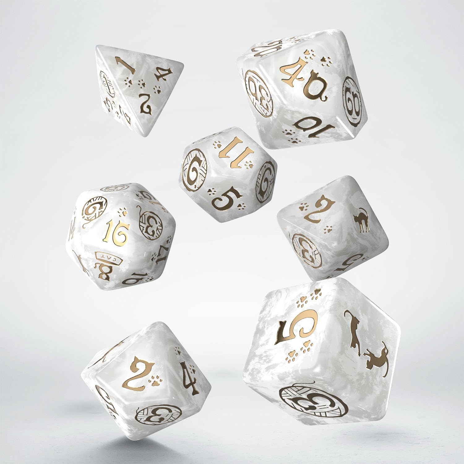 Cats Dice Set Purrl by Q-Workshop | Ages 14+ | Pearl White & Gold Polyhedral RPG Dice Set with Cat Designs for DND Pathfinder Tabletop Games