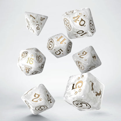 Cats Dice Set Purrl by Q-Workshop | Ages 14+ | Pearl White & Gold Polyhedral RPG Dice Set with Cat Designs for DND Pathfinder Tabletop Games
