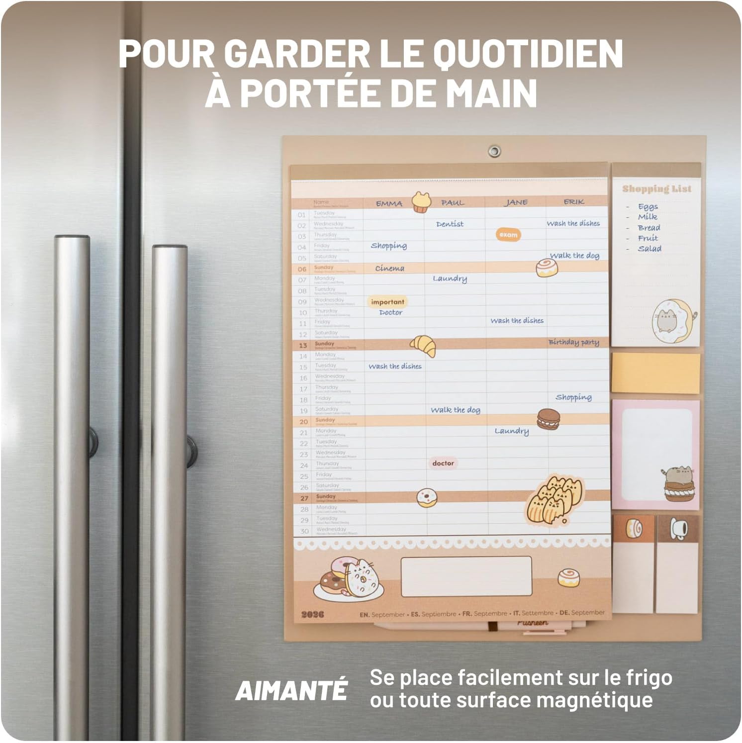 Grupo Erik Calendario Famiglia 2027 Pusheen - Calendario Magnetico Frigo con Penna, Sticky Notes, Shopping List e Stickers | Planner Mensile con Spazi per Note, Set 2026 a Dic 2027 (30 x 35cm
