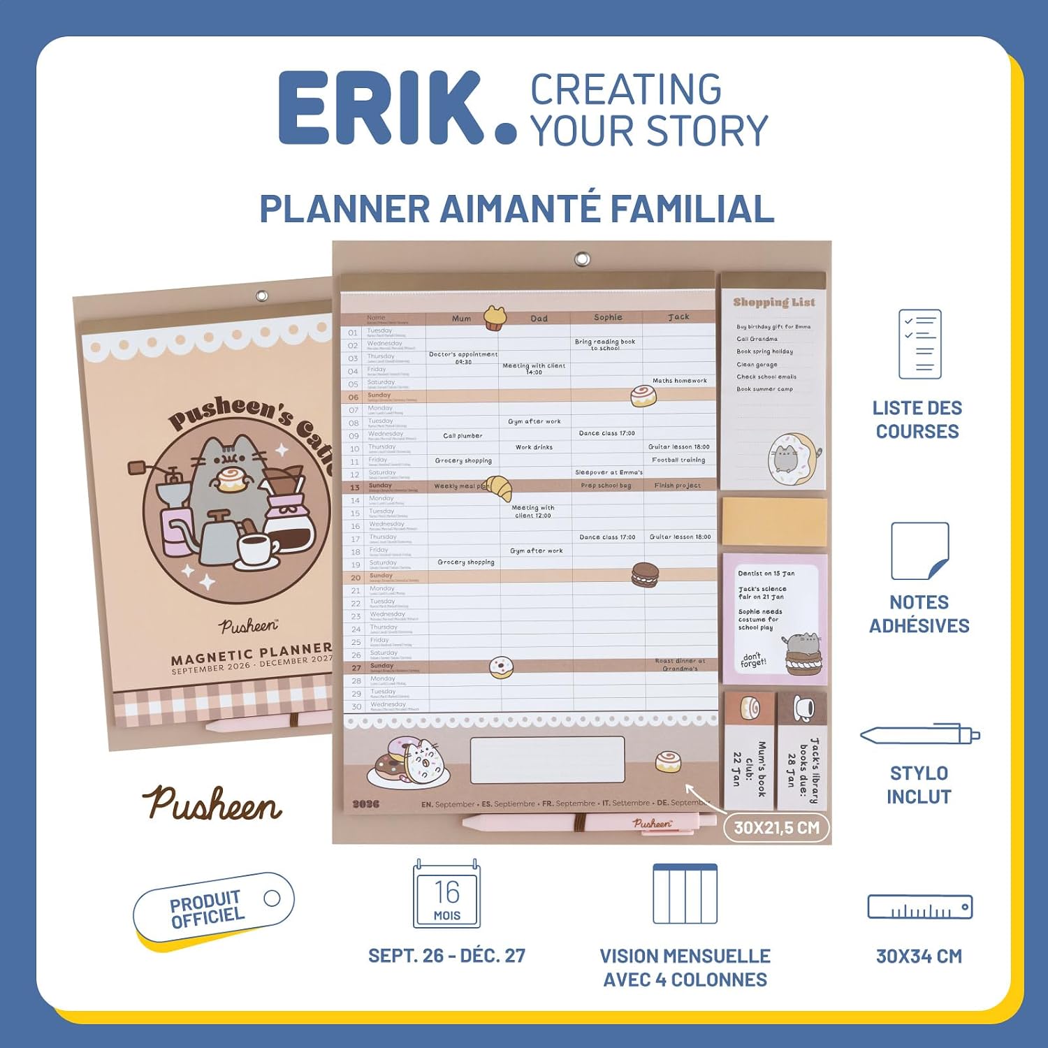 Grupo Erik Calendario Famiglia 2027 Pusheen - Calendario Magnetico Frigo con Penna, Sticky Notes, Shopping List e Stickers | Planner Mensile con Spazi per Note, Set 2026 a Dic 2027 (30 x 35cm