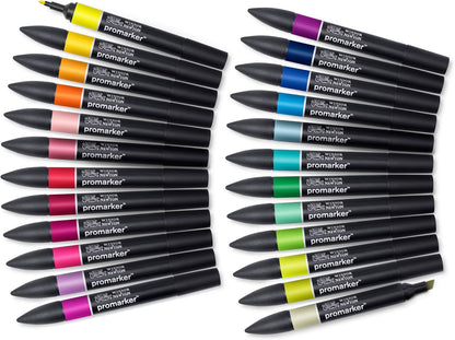 Winsor & Newton 0290030 Promarker, professionele layoutmarker - 2 punten, fijn en breed voor tekeningen, ontwerp en lay-outs - Set 24 Promarker, Student Set 24 delig