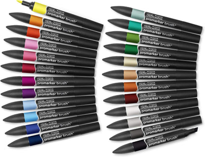 Winsor & Newton 0290079 Promarker Brush voor tekeningen, kalligrafie, ontwerp en lay-outs, streeploos tekenen met beitel- en penseelpunt - Set 24 Brushmarker, Student Designer set 24