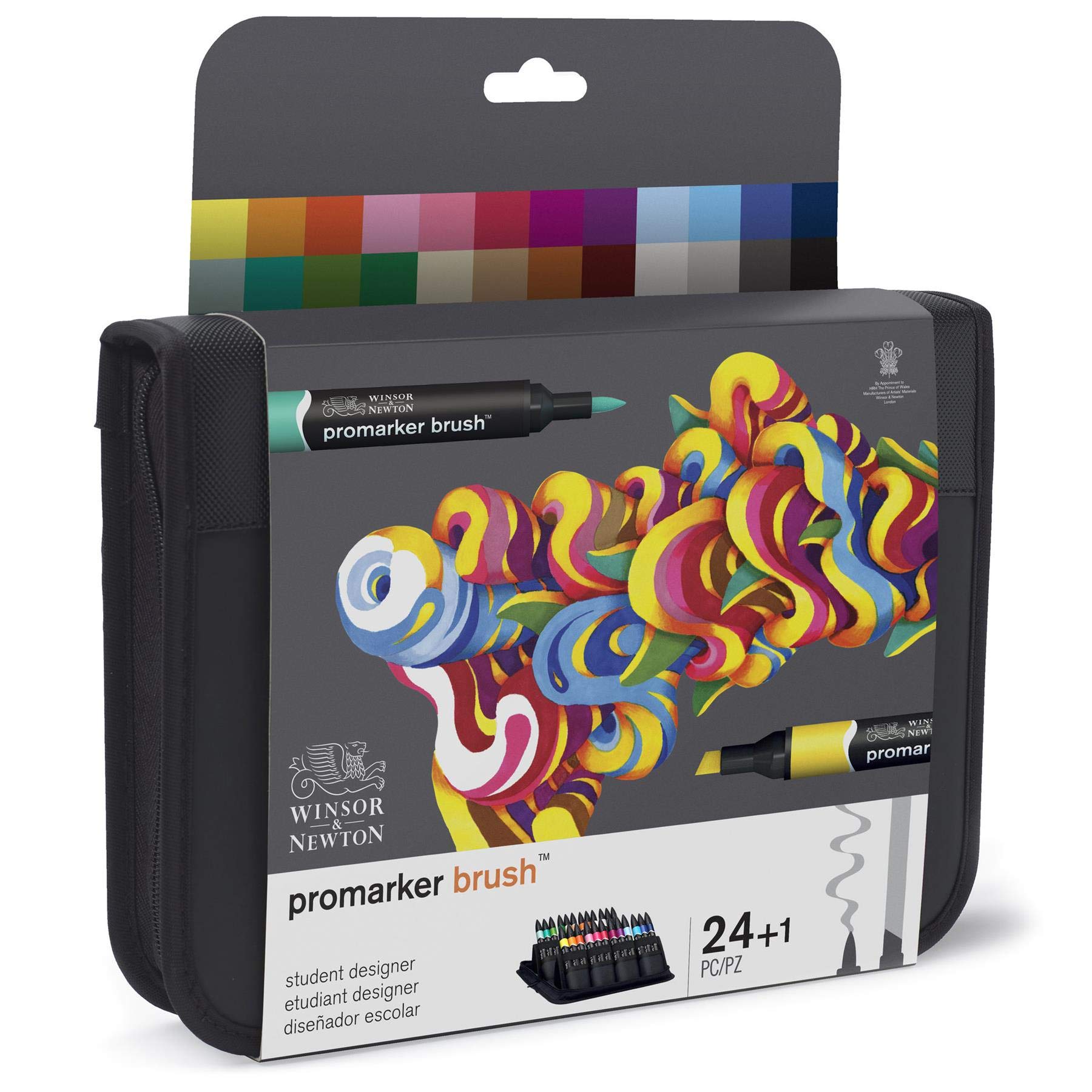 Winsor & Newton 0290079 Promarker Brush voor tekeningen, kalligrafie, ontwerp en lay-outs, streeploos tekenen met beitel- en penseelpunt - Set 24 Brushmarker, Student Designer set 24