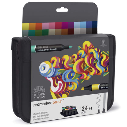 Winsor & Newton 0290079 Promarker Brush voor tekeningen, kalligrafie, ontwerp en lay-outs, streeploos tekenen met beitel- en penseelpunt - Set 24 Brushmarker, Student Designer set 24